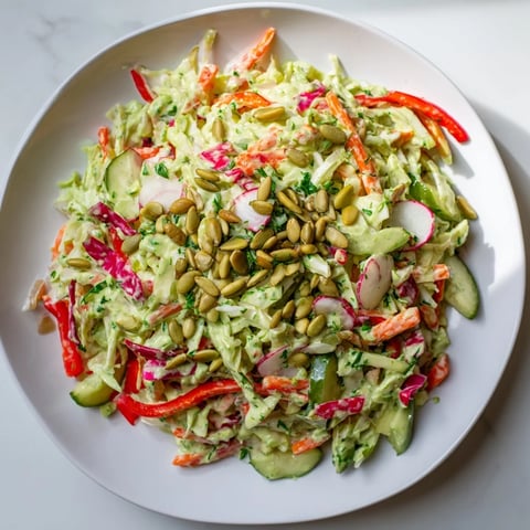 Bright, colorful Green Goddess Confetti Chop Slaw, a refreshing salad topped with toasted pumpkin seeds.