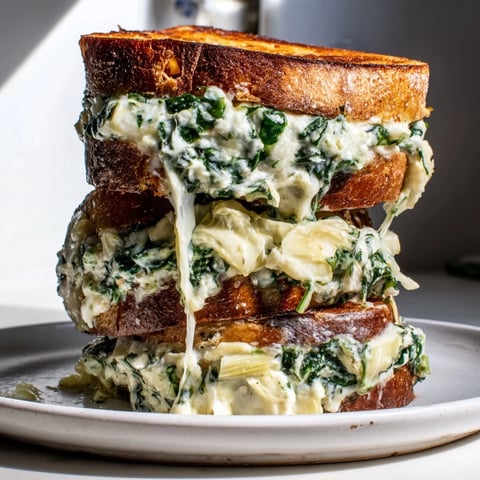Crispy golden Air Fryer Spinach & Artichoke Dip Grilled Cheese oozing with melted cheese and creamy filling.