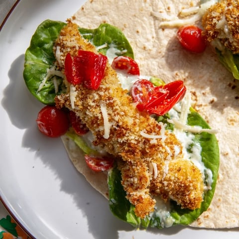Golden, crispy Santa Hat Chicken Caesar Wraps, ready to eat with vibrant red peppers and fresh lettuce.