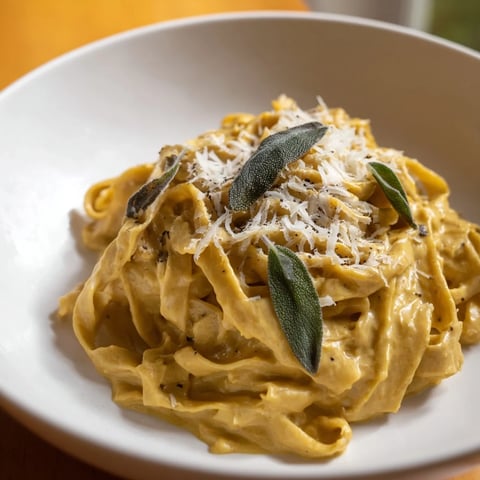 Healthy Creamy Pumpkin Sage Holiday Pasta: a rich, autumnal pasta dish with vibrant orange sauce and fresh sage.