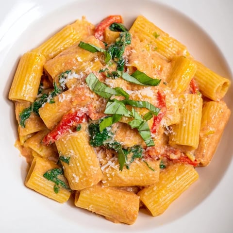 Creamy lightened-up vodka rosé Christmas pasta, a festive meal with vibrant red and green colors.