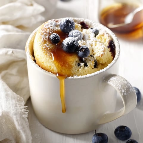 Steaming mug pancake, lightly browned and topped with maple syrup, makes a quick breakfast.