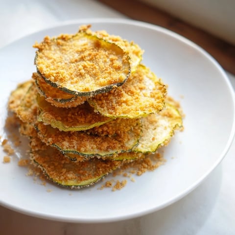 Golden, crispy Zucchini Chips, a healthier snack, arranged on a plate ready to serve.