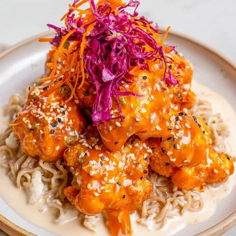 Steaming bowl of Chaos Cooking Buffalo Cauliflower Ramen with vibrant toppings and buffalo-glazed cauliflower visible.
