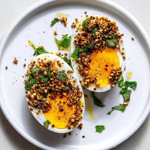 Golden, jammy Dukkah-Spiced Eggs, sprinkled with dukkah and herbs, ready for a delicious brunch.
