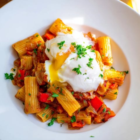 Shakshuka Baked Pasta features a bubbling tomato sauce with perfectly cooked eggs and pasta.