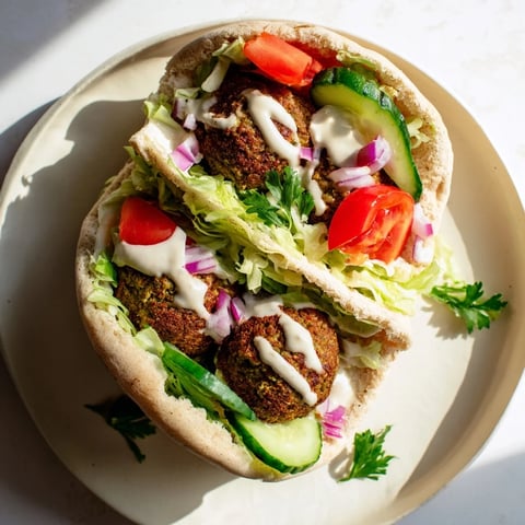 Golden-brown falafel pita pocket overflowing with fresh, vibrant vegetables, ready to eat.