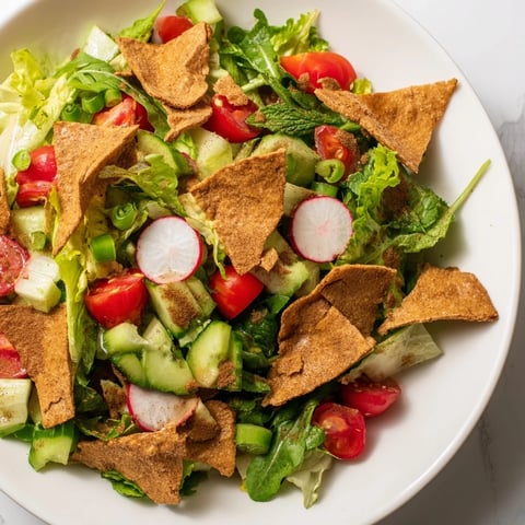 Crispy pita chips top a colorful Fattoush Crunch Salad, bursting with fresh, vibrant flavors.