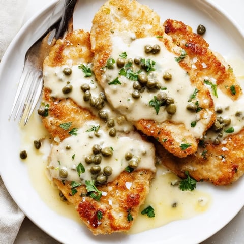 Golden, pan-fried chicken piccata resting in a creamy lemon-caper sauce, garnished with fresh parsley.