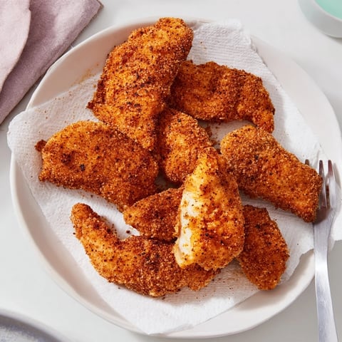 Golden-brown crispy fried chicken tenders on a white plate with a side of honey mustard dip and fresh parsley garnish.  