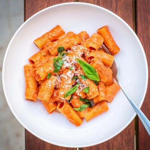 A close-up of Spicy Rigatoni Pasta tossed in a creamy, red-orange sauce, garnished with fresh basil and grated Parmesan.