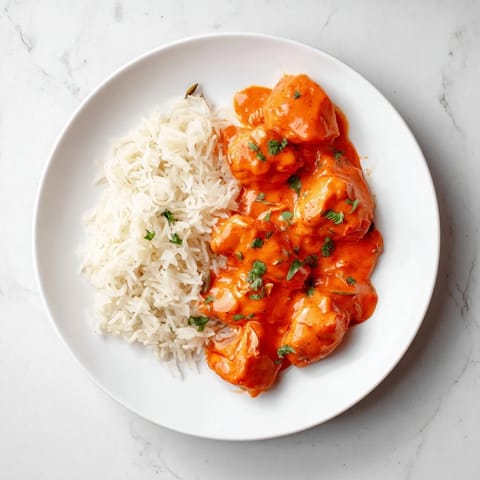 Fragrant Butter Chicken with herb garnish resting on pilaf next to a rich tomato sauce.