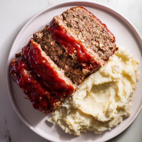 The moist and flavorful Classic Meatloaf sits beside fluffy mashed potatoes; a comforting plate.