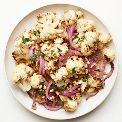 This warm roasted cauliflower salad offers a bright lemon dressing and crunchy toasted pine nuts.