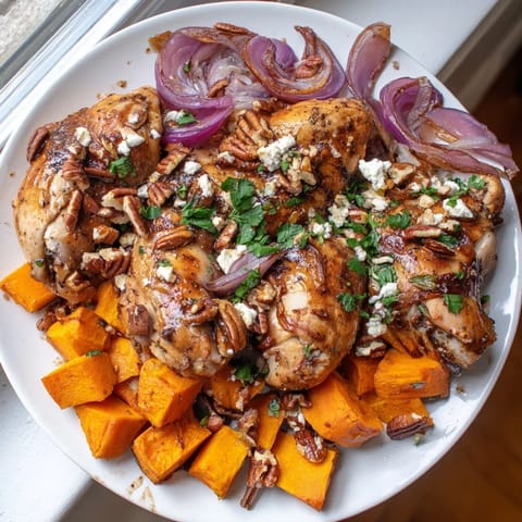 This sheet-pan Roasted Chicken & Winter Squash Salad features golden chicken, caramelized squash, and a zesty dressing.