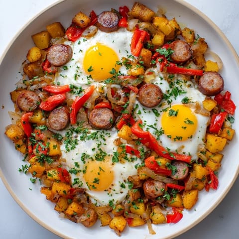 Savory Egg & Potato Hash with chopped hot dogs, complete with perfect sunny-side-up eggs.
