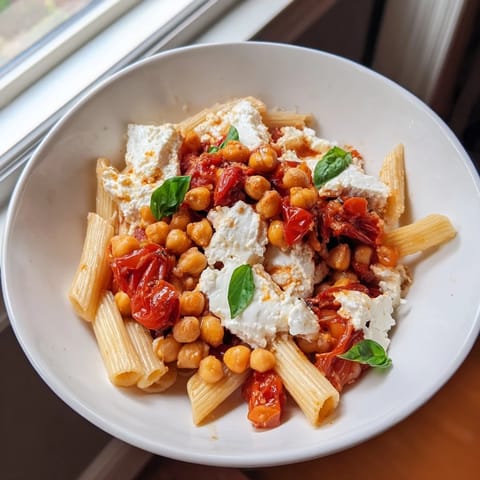 Mediterranean comfort: Delicious baked feta chickpeas & tomatoes ready to be savored over pasta.