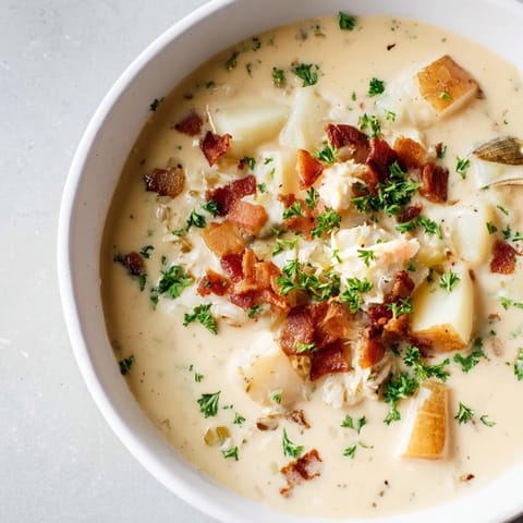 Steaming bowl of New England Clam Chowder, filled with tender clams and potatoes.