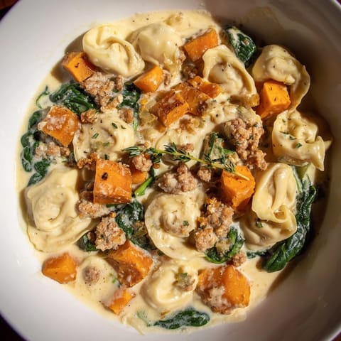 A steaming bowl of Creamy Sausage Tortellini Soup, garnished with thyme, ready to warm your senses.