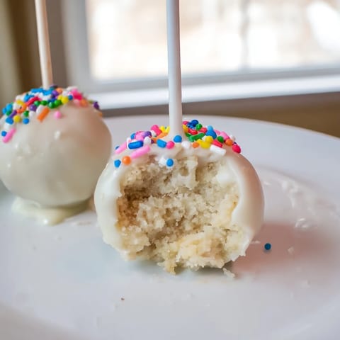 Lightened-Up Sugar Cookie Cake Pops, a cheerful treat, coated in chocolate with colorful sprinkles.