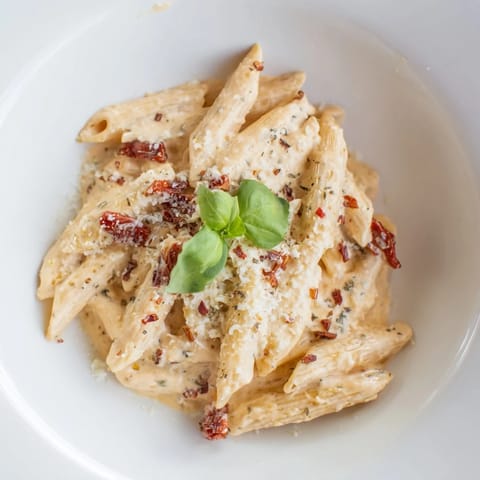 Top-down view of cooked Sun-Dried Tomato & Cottage Cheese Pasta Sauce, perfect for dinner tonight.