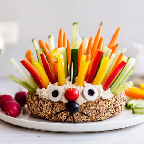 Festive Autumn Hedgehog Dip Platter featuring an adorable bread hedgehog surrounded by tasty dippers.
