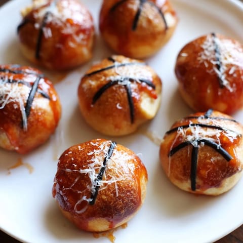 Golden-brown Basketball Pizza Bites with black olive basketball lines, a fun appetizer.