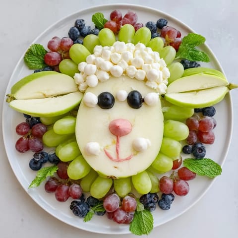 A whimsical lamb face cheese and fruit platter, overflowing with fresh, colorful ingredients.