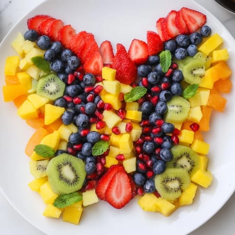 A colorful Papillon de Fruits d'Été Vifs, a vibrant fruit arrangement shaped like a whimsical butterfly.