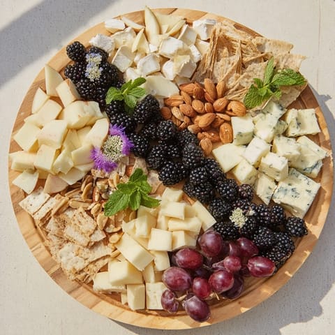 This Yin-Yang Balance appetizer displays sliced cheeses, fresh fruit, and crackers for a balanced bite.