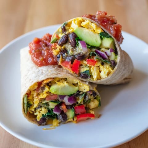 Close-up of a warm, filling veggie-loaded breakfast burrito filled with fresh ingredients and cheese.