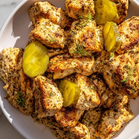 A close-up shot of oven-baked Pickle Ranch Chicken with crispy edges, invitingly flavorful and tender.