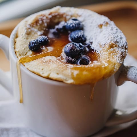 Golden microwave mug pancakes, fluffy and ready, are perfect with fresh berries for brunch.