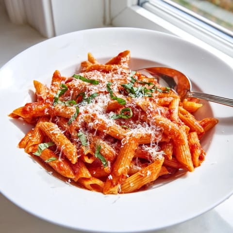 A close-up of perfectly cooked Microwave Bowl Pasta, coated in delicious red sauce, easy and fast.