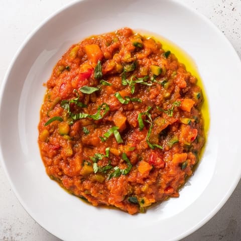 A steaming bowl of veggie-loaded tomato pasta sauce with colorful veggies, perfectly blended.