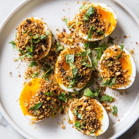 Fragrant Dukkah-Spiced Eggs, featuring perfectly cooked eggs and crunchy dukkah spice, are ready to eat.