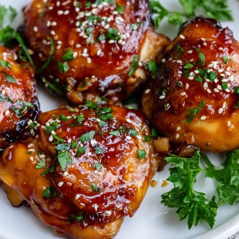 A close-up of sticky honey garlic glazed chicken in a skillet, paired with fluffy rice and stir-fried vegetables for a complete meal.