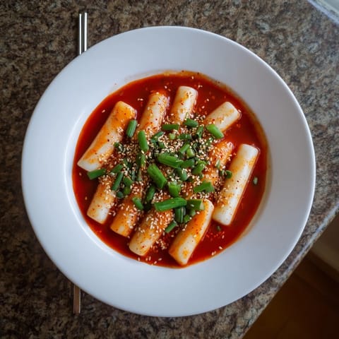 A close-up of chewy rice cakes coated in spicy red sauce, served in a traditional Korean bowl.