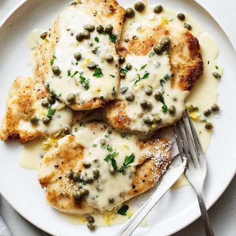 Juicy chicken piccata with a velvety, tangy sauce over pasta, ready for a comforting dinner.