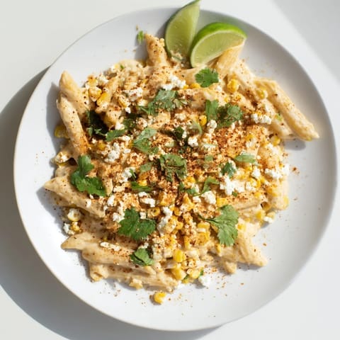 A warm bowl of Mexican Street Corn Pasta with creamy sauce, lime, and chili powder.