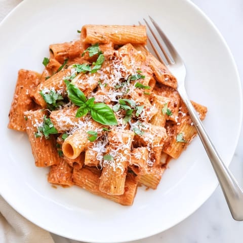 Steaming plate of Spicy Rigatoni Pasta with tender rigatoni coated in a rich tomato-cream sauce and a hint of chili flakes.