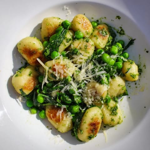 Golden, crispy pan-fried gnocchi tossed in vibrant basil pesto with sweet green peas, served in a rustic skillet.