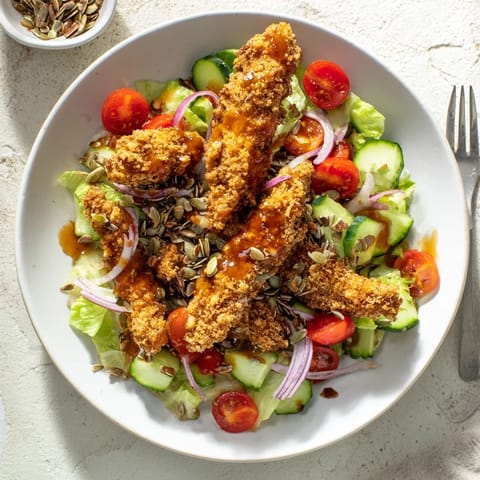 A close-up of Crispy Hot Honey Chicken Salad with crunchy seeds and vivid red cherry tomatoes on vibrant greens.  