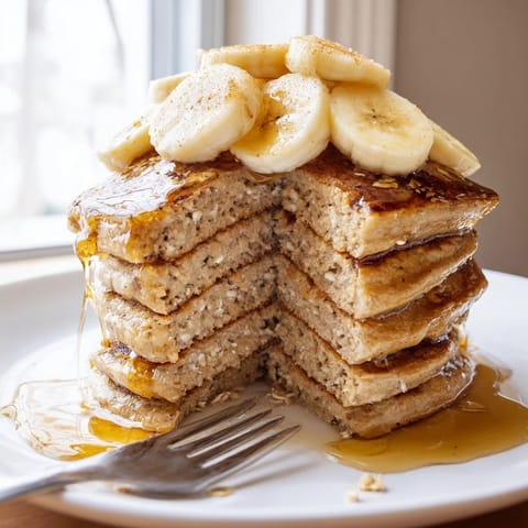 Close-up view of fluffy, protein-rich Banana Oat Pancakes with a tender crumb and warm cinnamon aroma.  