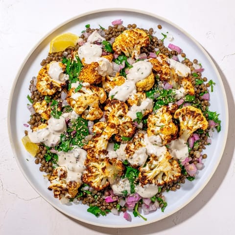 Vibrant Middle Eastern inspired roasted cauliflower with lemon lentil salad, dressed beautifully.
