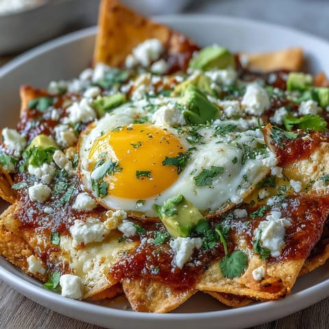 Crispy homemade tortilla chips coated in simmered salsa verde, topped with a sunny-side-up egg and fresh cilantro for classic Chilaquiles.  