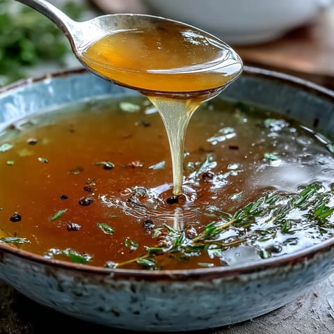 A glass jar filled with aromatic Vegetable Broth From Scraps sits beside fresh vegetable trimmings and herbs.