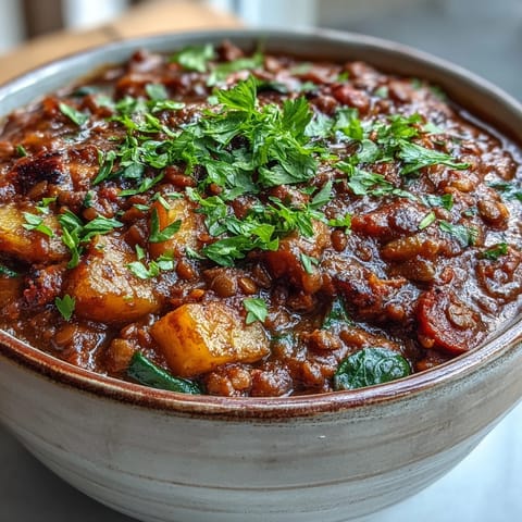 A warm bowl of Vegetarian Lentil Stew featuring tender lentils, chunky potatoes, and wilted spinach in a rich tomato broth.