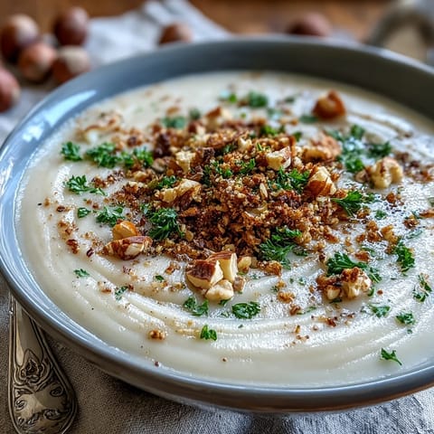 Roasted celeriac soup topped with buttery hazelnut crumble, fresh parsley, and creamy texture on a warm, inviting spoonful.