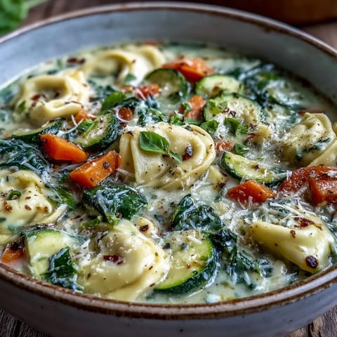 A ladle of Creamy Vegetable Tortellini Soup pouring into a rustic bowl with crusty bread.